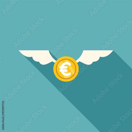 Golden euro coin flying with wings, symbolizing financial loss or rapid spending
