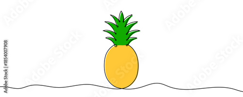 Pineapple, a tropical fruit, filled with yellow and green color. Drawing in one line art style with editable black stroke on a white background. Vector illustration