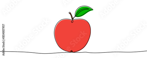 Apple with a stem and a leaf, filled with red and green color. Drawing in one line art style with editable black stroke on a white background. Vector illustration