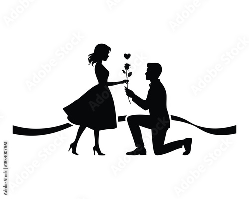 Man proposing to woman with bouquet of flowers