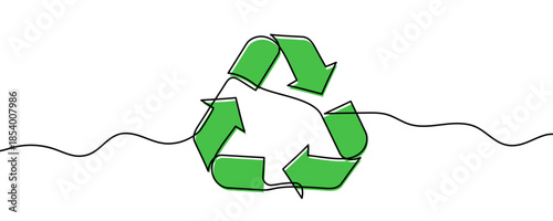 Recycling symbol from three arrows, filled with green color, in one line art style. Drawing with editable black stroke on a white background. Vector illustration,