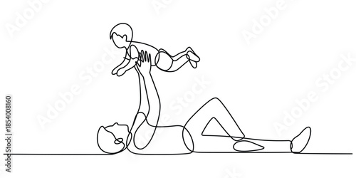 Father lying down lifting child up one line art drawing