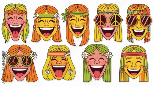 Collection of Cartoon Faces with Headbands and Sunglasses.