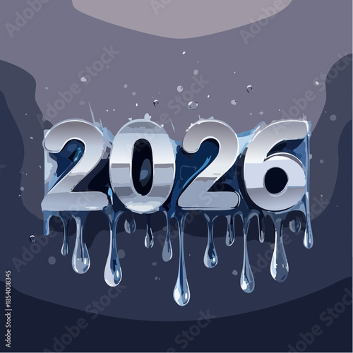 Futuristic 2026 metallic text with icy water droplets effect