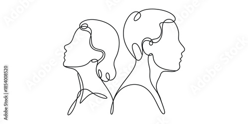 Continuous line drawing of man and woman facing away from each other