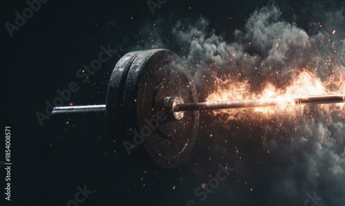 A weightlifting barbell engulfed in flames and smoke against a dark background, suggesting intense strength and power