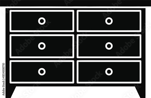 Black silhouette icon of a six-drawer dresser for bedroom furniture design