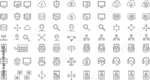 Technology and cloud services line icon set featuring devices, network infrastructure, data storage, security, connectivity and digital system interface symbols