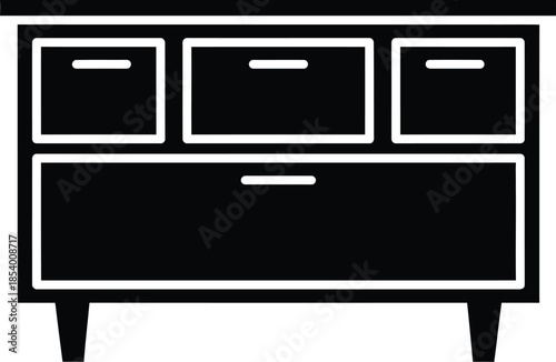 Modern black chest of drawers icon with multiple storage compartments on white background