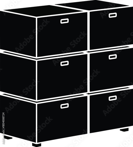 Black silhouette icon of a six-cubby storage unit or drawer cabinet for organization