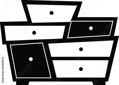 A modern and quirky illustration featuring an asymmetrical chest of drawers with black and white drawers