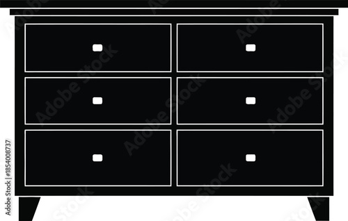 A minimalist black silhouette icon of a six-drawer dresser chest for bedroom storage