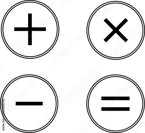 Mathematical symbols line icon set featuring plus, minus, multiply and equal signs for calculation, arithmetic operations, education and user interface design