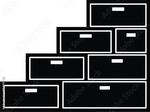 A stylish black and white icon depicting a stepped or staggered cabinet with multiple drawers