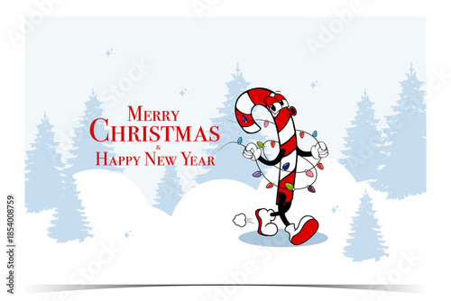 Merry Christmas and Happy New Year greeting card with cute candy cane character in winter forest