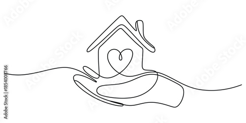 Continuous line drawing of hand holding house with heart inside