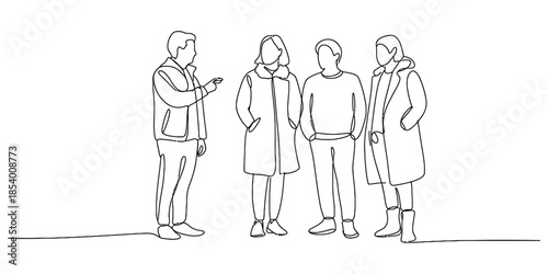 Line art drawing of four people standing together, casual winter clothing