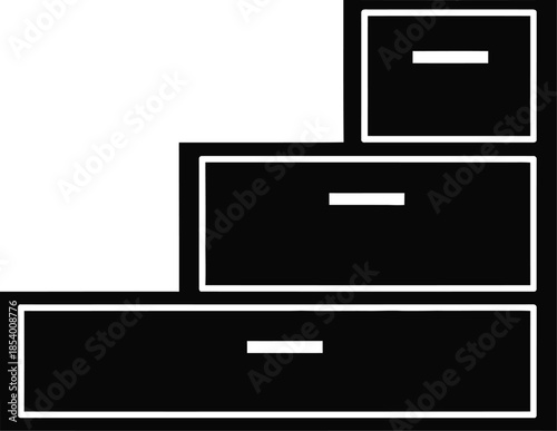 A black and white icon representing a three-drawer stepped filing cabinet or storage unit.