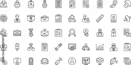 Business and office workflow line icon set featuring communication tools, transportation, documents, analytics, management, marketing and professional service symbols
