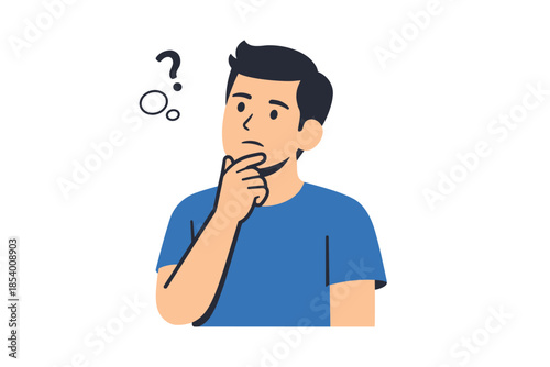Pensive cartoon man in blue shirt with question mark overhead on white background