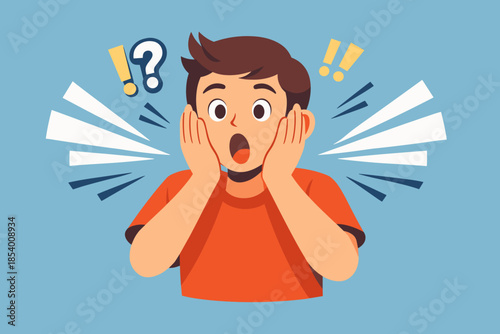 Surprised young man with exclamations and question marks in a cartoon style