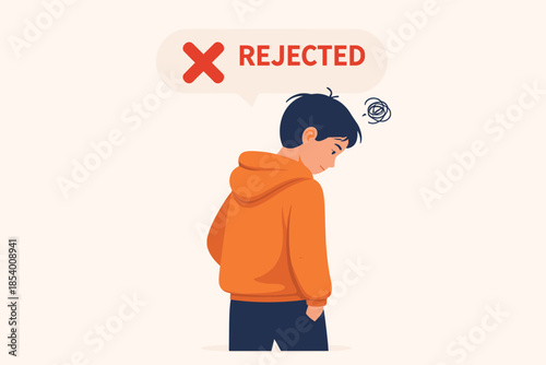 Teenager feeling rejected with thought bubble in flat style