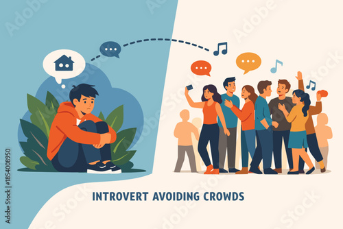 Introvert retreating from social crowd: balance of solitude and community