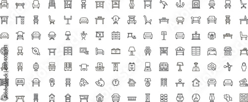 Furniture and home interior line icon set featuring household items, living room, bedroom, office furniture, seating, tables and home decor symbols