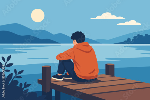 Serene lakeside reflection at sunset with mountains and calm water