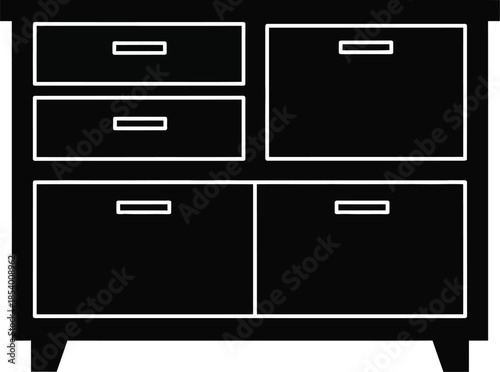 A black silhouette icon of a five-drawer storage cabinet or office furniture