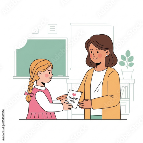 Student giving thank you card to teacher in classroom appreciation and gratitude concept flat illustration for education