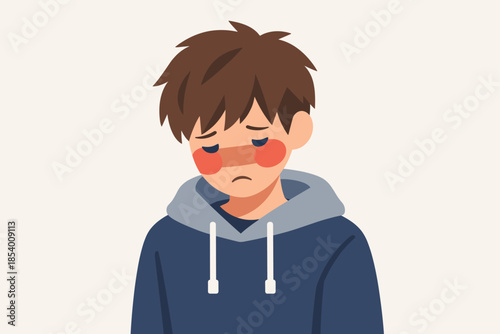 Sad young boy in hoodie with rosy cheeks feeling unwell or tired