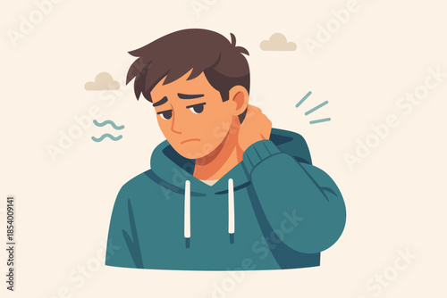 Young man in hoodie looking concerned with a hand on his neck in flat style art