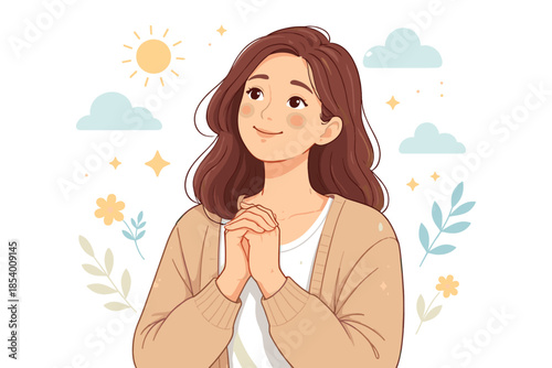 Cheerful woman daydreaming with sun and clouds in soft pastel colors