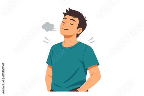 Content relaxed man exhaling with hands in pockets, simple style