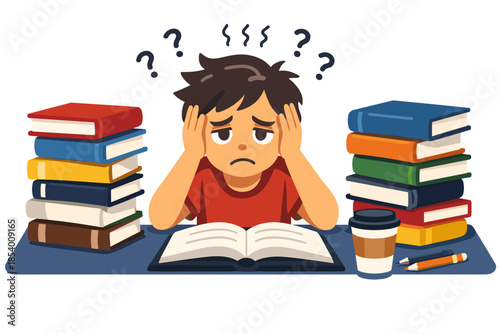 Stressed student surrounded by books and puzzled with questions