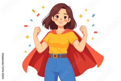 Confident woman in superhero pose with red cape and sparkles in background