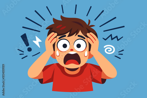 Surprised cartoon boy with exclamations on blue background