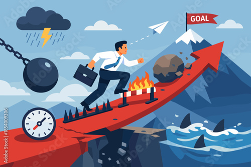 Businessman's journey to success: overcoming obstacles and reaching goals