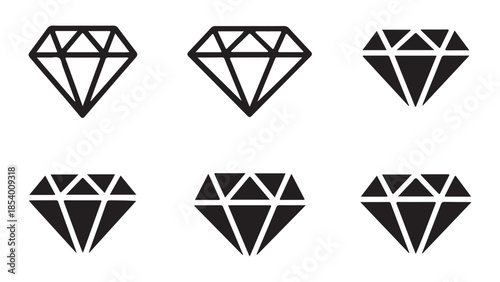 Six black outline and filled diamond icons or gems isolated on a white background various jewelry symbols set