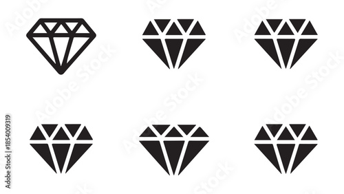 Six black outline and filled diamond icons or gems isolated on a white background various jewelry symbols set