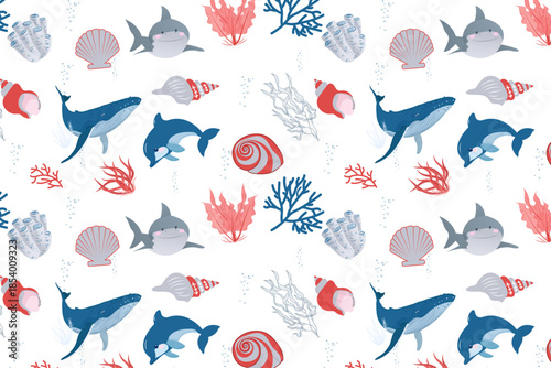 A playful, seamless ocean pattern with whales, dolphins, sharks, seashells, and coral in blue, red, and gray on a white background.