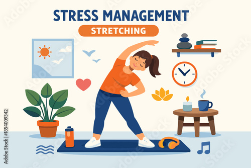 Relaxing indoor stretch routine for stress relief in a cozy setting with simple elements
