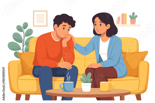 Supportive conversation on couch: comfort and empathy between friends
