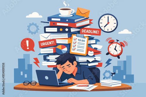 Overworked employee at desk with pile of tasks and deadlines in flat style