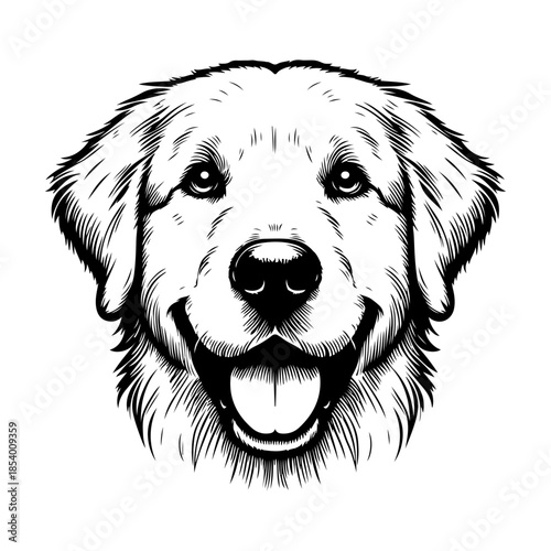 Friendly Golden Retriever dog face with big smile looking forward