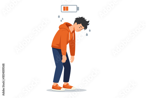 Tired person in orange hoodie with low battery symbol depicting exhaustion and fatigue