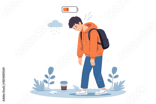 Exhausted student with low energy in autumn scene