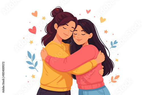 Heartwarming embrace between two friends surrounded by colorful heart and star decorations