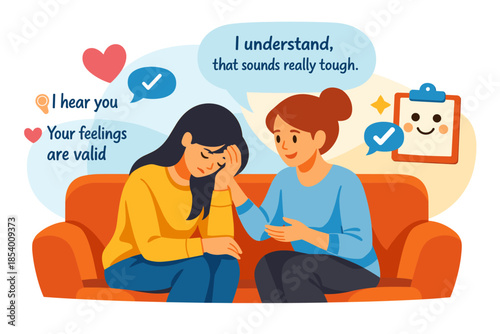 Empathetic conversation on couch with two women exchanging supportive words